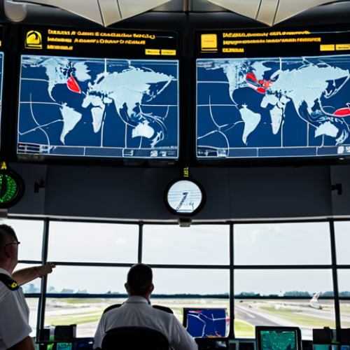 **Prompt:** Busy air traffic control tower at Schiphol Airport, multiple radar screens displaying flight paths, controllers communicating with pilots, realistic, daytime.