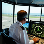 **

> A high-pressure situation in an air traffic control tower. An air traffic controller is calmly but intently communicating with a pilot on the radio, while monitoring radar screens showing multiple aircraft. In the background, a simulated emergency scenario is displayed on a large screen, perhaps a plane with engine trouble. The atmosphere is tense but professional.

**