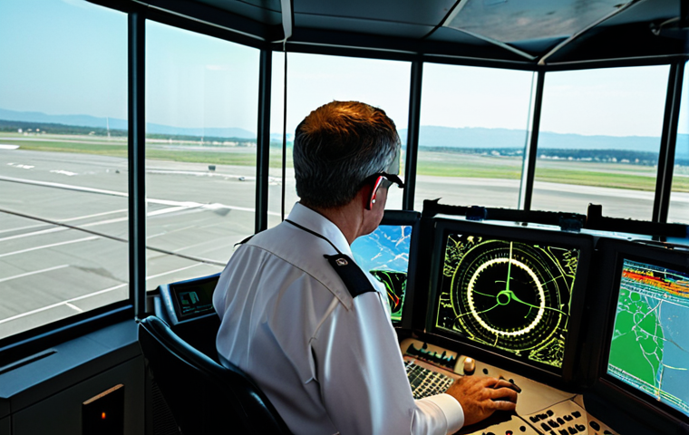 **
> A high-pressure situation in an air traffic control tower. An air traffic controller is calmly but intently communicating with a pilot on the radio, while monitoring radar screens showing multiple aircraft. In the background, a simulated emergency scenario is displayed on a large screen, perhaps a plane with engine trouble. The atmosphere is tense but professional.
**